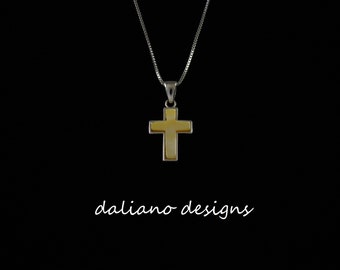 Cross Pendant, Mother of Pearl 12mmL w/ Chain. Faith based inspirational jewelry. 925 Sterling Silver w/ Rhodium plating to prevent tarnish.