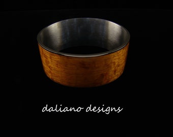 Koa Wood Inlay Bangle, 28mm Width.  Hawaiian inspired jewelry creations made of 316L Stainless Steel base metal.