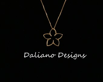 14K Gold 15mm Melia (Plumeria) Pendant. Hawaiian & Island inspired jewelry designs.