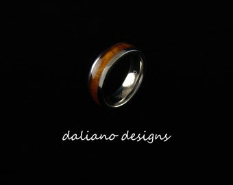 Koa Wood Inlay Ring, 6mm Width. Hawaiian & Island inspired jewelry creation made of 316L Stainless Steel base metal.