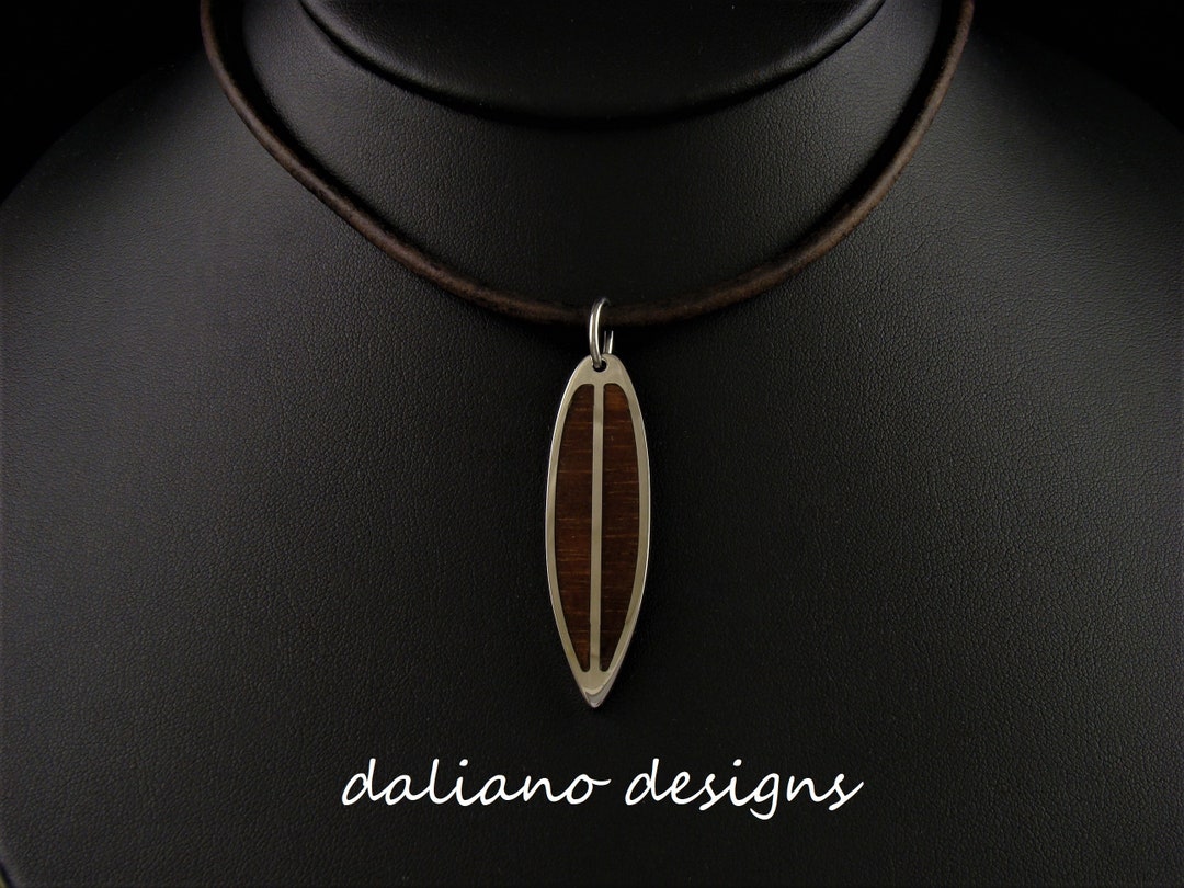 Koa Wood Inlay Surfboard Pendant, 1.75 Length. Hawaiian and Island
