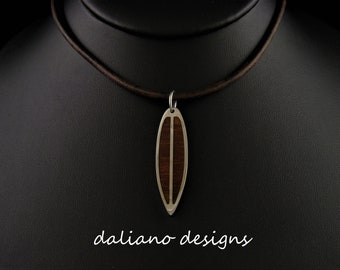 Koa Wood Inlay Surfboard Pendant, 1.75" Length. Hawaiian and Island inspired jewelry creation made of 316L Stainless Steel base metal.