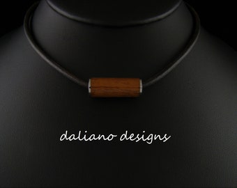 Koa Wood Inlay Barrel Slider Pendant, 25mm Width.  Hawaiian inspired jewelry creations made of 316L Stainless Steel base metal.