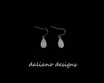 CZ Pave Earrings w/ Hook, Teardrop Shape 14mmLx7mmW. 925 Sterling Silver w/ Rhodium Plating to prevent tarnish.
