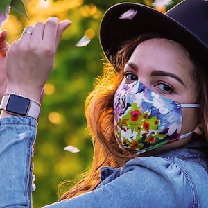 Face Mask with Filter Pocket, Abstract Floral  | High-Quality Handmade Washable & Adjustable | 100% Organic Linen | Unisex
