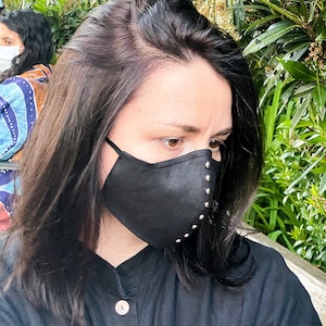 High-Quality Handmade Washable & Adjustable Black Face Masks with Filter Pocket and Silver Studs In The Center | 100% Organic Linen | Unisex