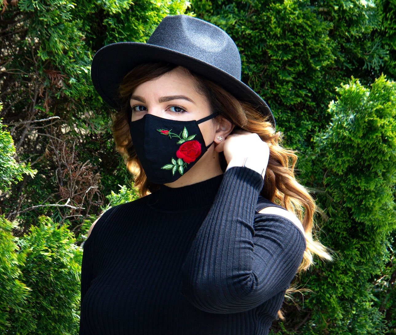 Face Mask - Red Roses/Black with Filter Pocket | High-Quality | Handm…