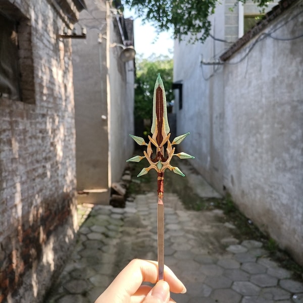 Primordial Jade Spear hair stick, Genshin impact weapon hairpin, China intangible cultural heritage art made hairpin