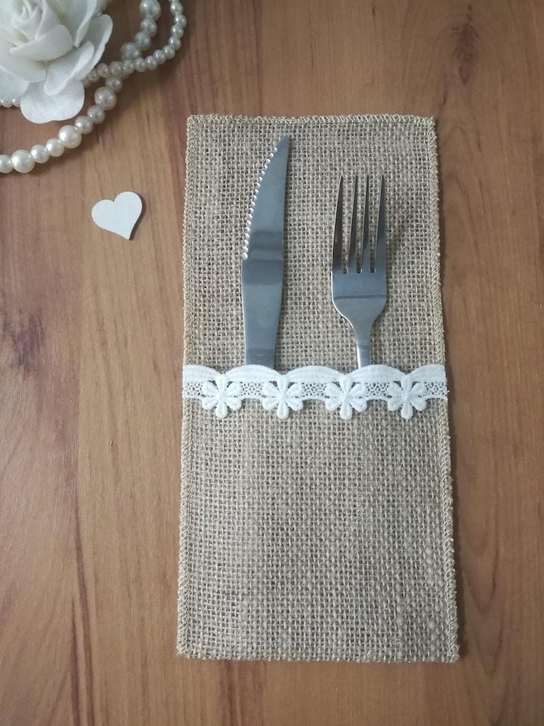 Set of 10 pcs,Burlap and lace cutlery bag,Cutlery bag,Burlap Cutlery Bags,Burlap Silverware Holders,Burlap Cutlery Holder Y3040