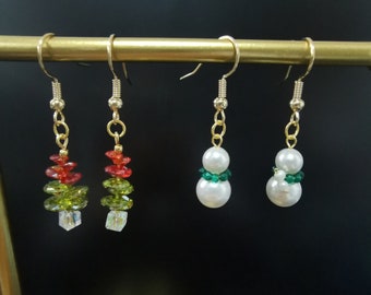 Handmade Christmas earing, Snowman earing, Christmas tree earing 14K gold pleated earing, Christmas gift idea