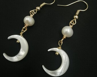 Love between fairy and devil earing, 14K Gold Crescent Moon Earing, Can Lan Jue 苍兰诀, Dangling Pearl Earring, Christmas Gift Birthday Present