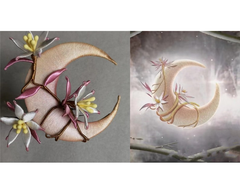 May include: Embroidered crescent moon with floral accents. The moon is a soft pink color with gold stitching around the edges. Delicate white and pink flowers with yellow centers and brown stems adorn the moon's surface.
