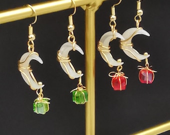 Love between fairy and devil inspired earing, Christmas gift box and crescent moon earing one pair, Crystal beads earring, Gift for Her