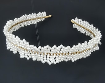 Handmade Pearls and Rhinestone Hair Band, Headband, Bridal Headpiece