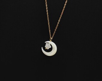 Dainty Crescent Moon And Star Necklace,14K Gold Plated Sterling Silver, Christmas Gift for Her