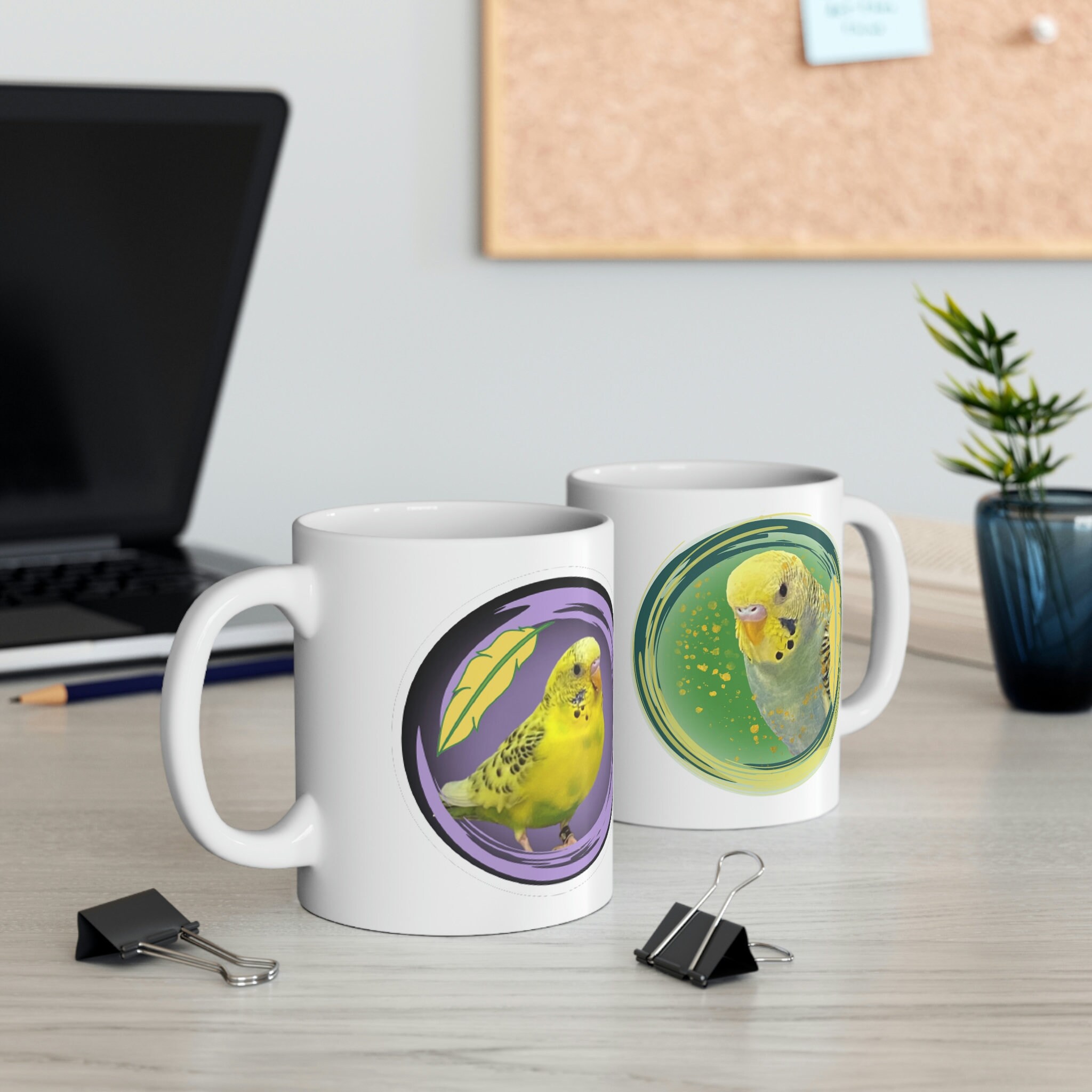 Green Opaline and Yellow Spangle Parakeet Design Duo Ceramic Mug 11oz