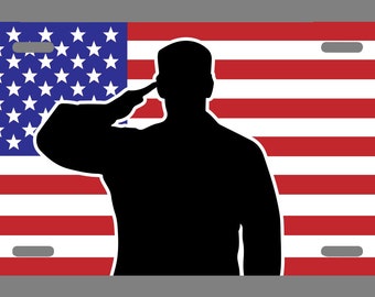 American Flag Soldier Salute UV Vinyl Wrapped Metal License Plate US Veteran Gift Armed Forces Military Appreciation Army Navy LP033