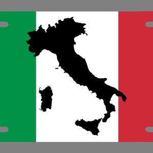 May include: A green, white, and red license plate with a black silhouette of Italy in the center.