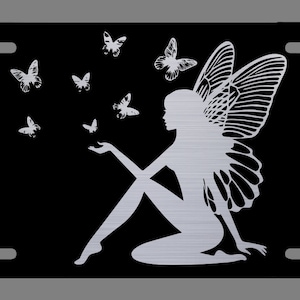 Butterfly Fairy Black Laser Etched Metal License Plate Tag Tinkerbell Tinker Bell Pixie Dust Princess Christmas Gifts Birthday Gifts Present