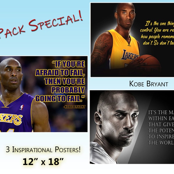 Kobe Bryant Posters 3 PACK Quote Black History Month Los Angeles Lakers Quotes Basketball Sports Coaching Wall Art Growth Mindset PP06