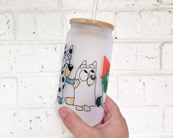 Bluey Inspired Glass Can Cup | Bluey Halloween Inspired Tumbler | Glass Tumbler with Bamboo Lid | Disney inspired Cup | Halloween Tumbler