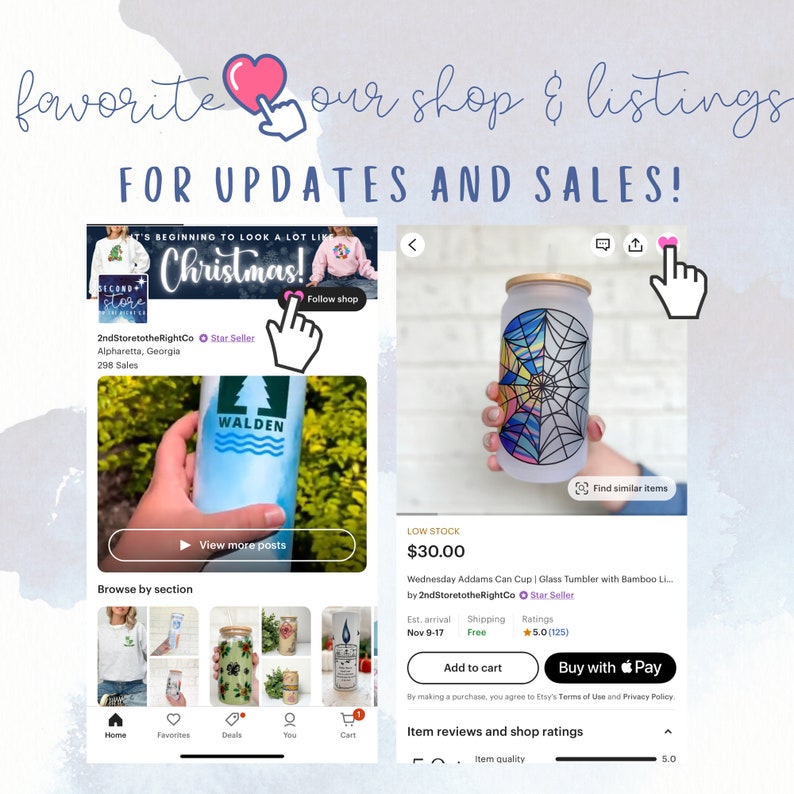 May include: Etsy shop listing screenshot with text "favorite our shop & listings FOR UPDATES AND SALES!". Features a glass tumbler with a colourful spiderweb design, and a shop banner with the text "Christmas!".