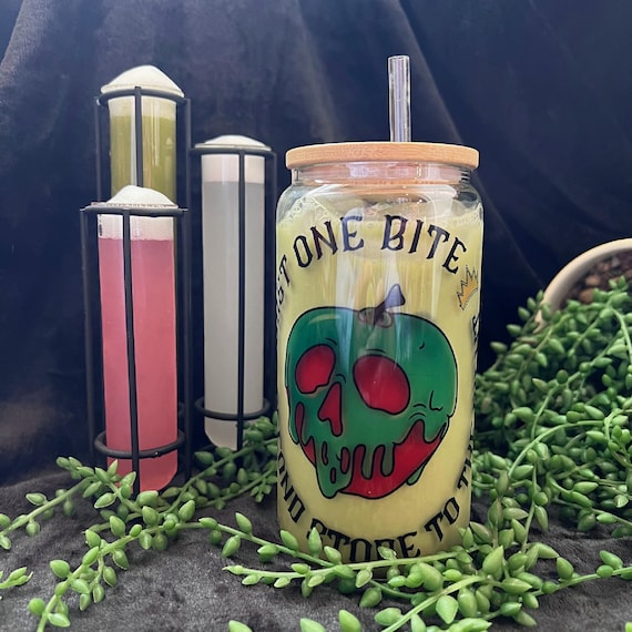 Poison Apple Glass Can Cup | The Evil Queen Can Cup | Glass Tumbler with Bamboo Lid | Snow White Tumbler | Disney Starbucks Cup | Halloween