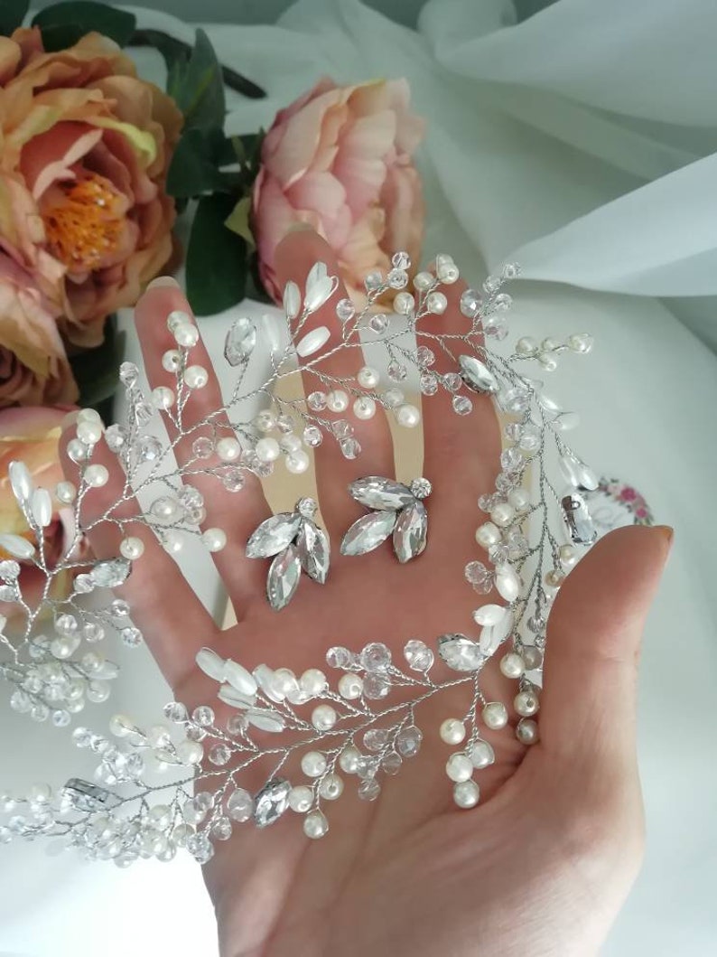 Wedding tiara Bridal set Bridal headpiece Criystal Wedding earrings hair tiara Ivory headpiece earring pearl Rhinestone bridal headpiece