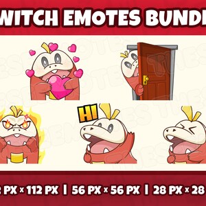 May include: A set of five Twitch emotes featuring a red cartoon character with different expressions. The emotes are in various sizes, including 112 x 112 pixels, 56 x 56 pixels, and 28 x 28 pixels.