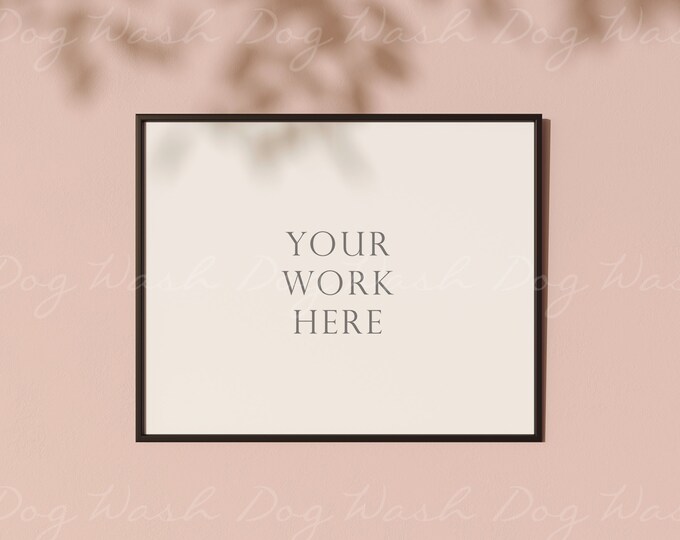 Canvas mockup, Black frame digital, Pink wall, Horizontal, Digital black frame, Landscape frame mockup, Frame landscape, Styled stock photo