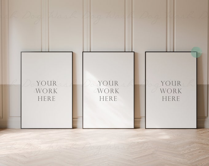 Three frame mockup, Gallery wall mock up, 3 Frame mockups, Farmhouse sign mock up, Frame mockup room, Warm light scene, 3 Frame Download PSD