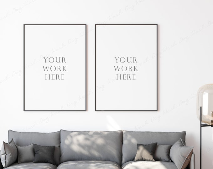 Living Room Mockup, 2 Vertical Frame Mockup, Black Frame Mockup, Two Frames Mockup, 5x7 Black Thin Frame, Mockup for Art, Photo Frame Mockup