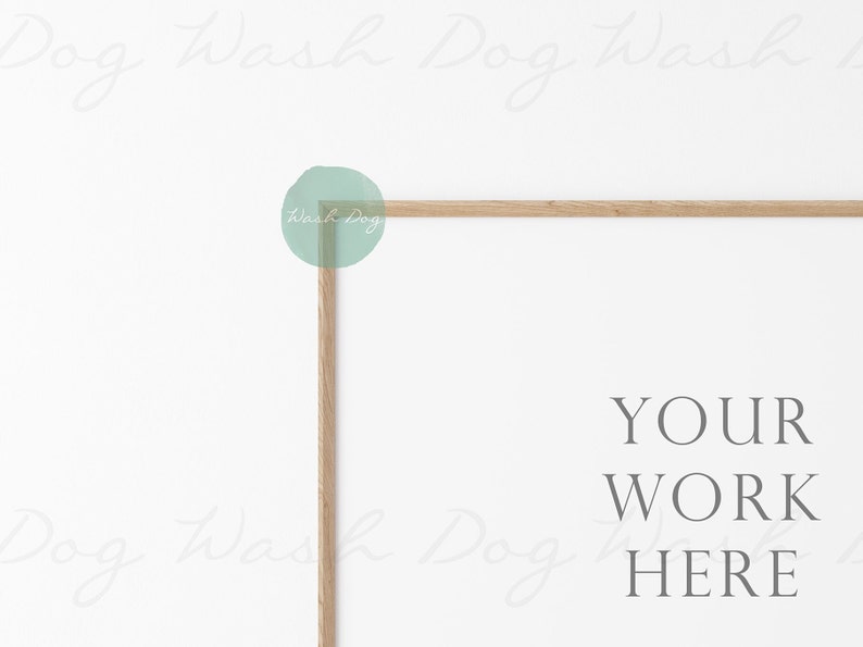 May include: A white background with a light wood frame. The frame is in the shape of a rectangle and is positioned in the upper right corner of the image. The text "YOUR WORK HERE" is written in gray text below the frame.
