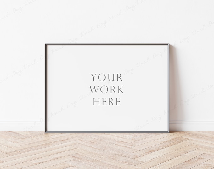Horizontal Frame Mockup, Black Frame Mockup, Modern Digital Mockup, 4x3 Frame Mockup, 4x3 Landscape Frame, Psd Mockup, Frame on wooden floor