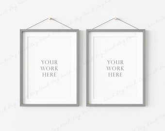 2 Vertical Frame Mockup, Grey Frame Mockup, Hanging Frame Mockup, Two Frames Mockup, Grey Thin Frame, Mockup for Art, Picture Frame Mockup