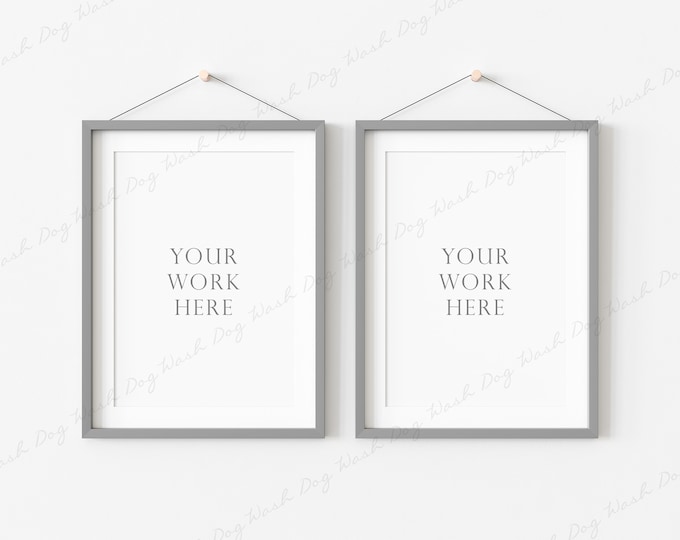 2 Vertical Frame Mockup, Grey Frame Mockup, Hanging Frame Mockup, Two Frames Mockup, Grey Thin Frame, Mockup for Art, Picture Frame Mockup