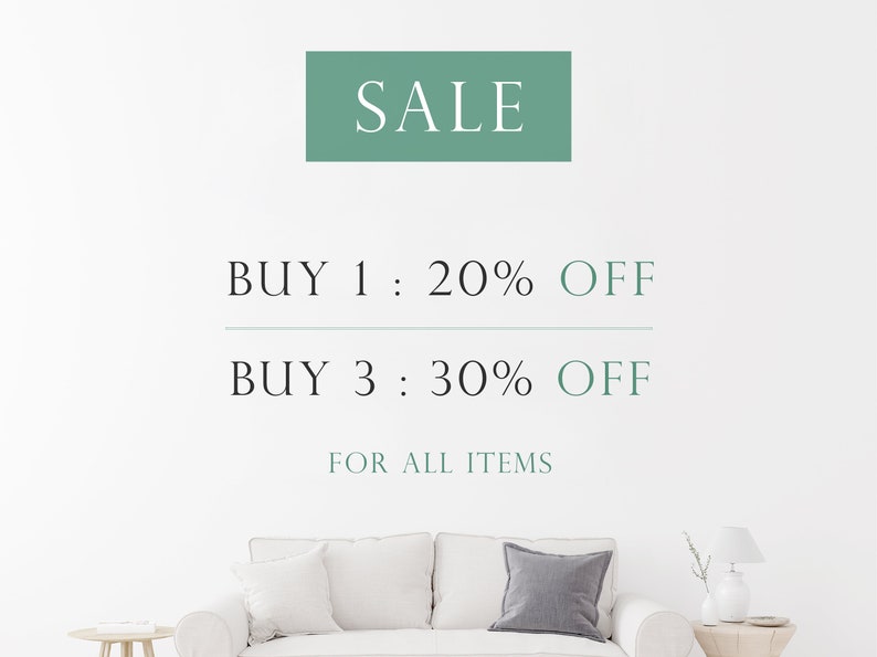 May include: A white background with a green rectangle that says "SALE" in white text. Below the rectangle, it says "BUY 1: 20% OFF" and "BUY 3: 30% OFF" in black text. Below that, it says "FOR ALL ITEMS" in green text.