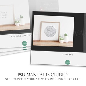 May include: A digital mockup showing how to insert artwork into a digital frame using Photoshop. The image shows a computer screen with a digital frame and a wooden shelf with two potted succulents. The text on the screen says "1. Double Click To" and "4. Finish!!".