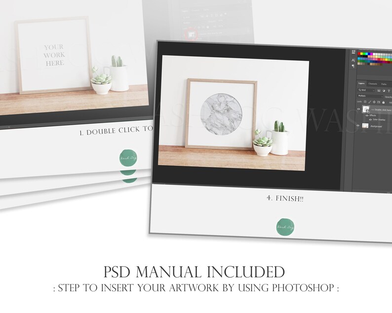 May include: A digital mockup showing how to insert artwork into a digital frame using Photoshop. The image shows a computer screen with a digital frame and a wooden shelf with two potted succulents. The text on the screen says "1. Double Click To" and "4. Finish!!".