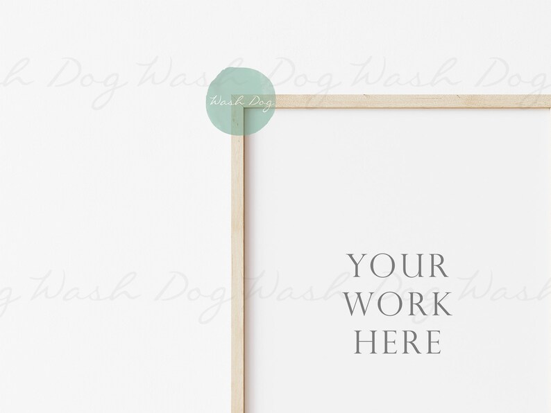 May include: A white frame with a wooden border, sitting on a white background. The text "YOUR WORK HERE" is printed in the center of the frame.