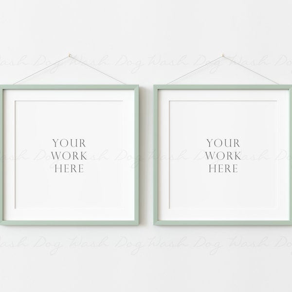 Two pictures frame mockup, Frame with mount, 2 square wall art display, Hanging frame mockup, Pastel green frame, Minimalist frame, Mock ups