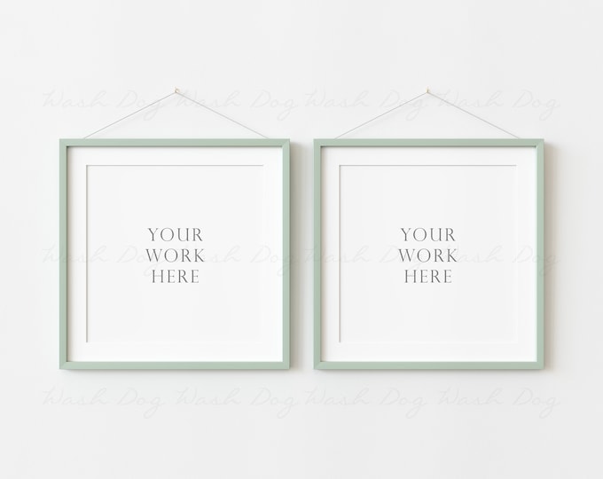 Two pictures frame mockup, Frame with mount, 2 square wall art display, Hanging frame mockup, Pastel green frame, Minimalist frame, Mock ups