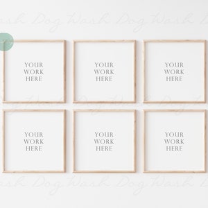 May include: Six square wooden frames with a light wood finish, arranged in a grid pattern on a white wall. Each frame has a white mat and the text "YOUR WORK HERE" is printed in the center of each mat.