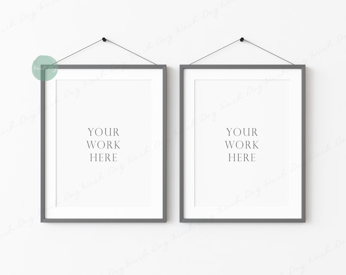2 Vertical Frame Mockup, Grey Frame Mockup, Hanging Frame Mockup, Two Frames Mockup, Grey Thin Frame, Mockup for Art, Picture Frame Mockup