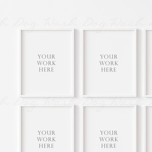Peut inclure: Six cadres photo blancs sur un fond blanc. Les cadres sont dispos&eacute;s en deux rang&eacute;es de trois. Chaque cadre contient le texte "YOUR WORK HERE" &agrave; l'int&eacute;rieur.