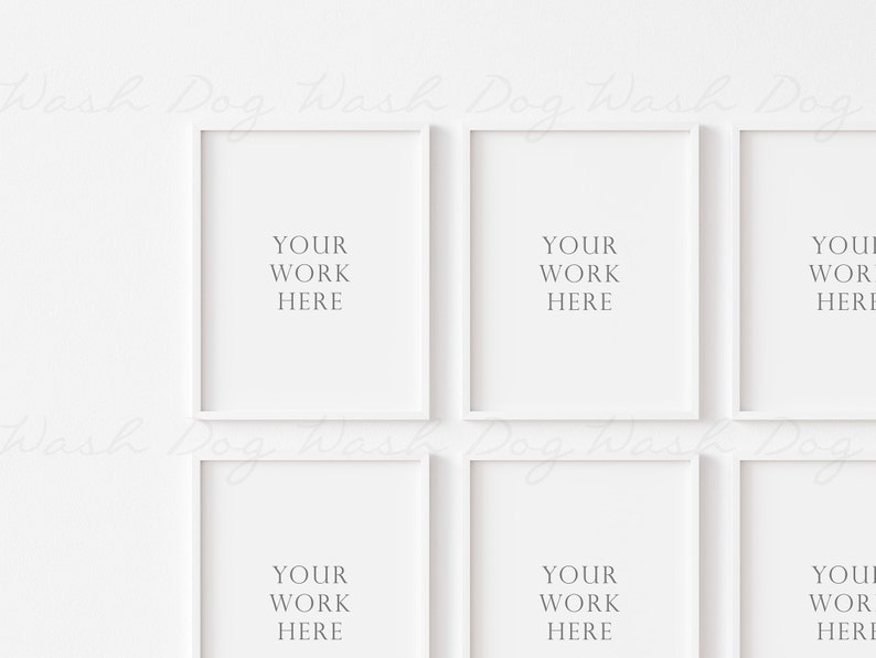 Peut inclure: Six cadres photo blancs sur un fond blanc. Les cadres sont dispos&eacute;s en deux rang&eacute;es de trois. Chaque cadre contient le texte "YOUR WORK HERE" &agrave; l'int&eacute;rieur.