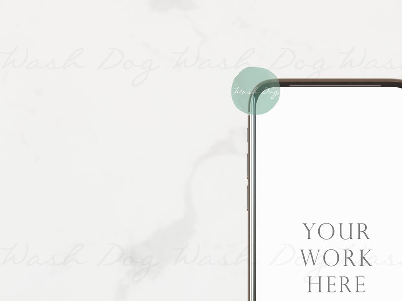 May include: A gold smartphone mockup with a white screen displaying the text "YOUR WORK HERE". The phone is on a white marble background.