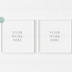 May include: Two white picture frames with a white mat and a white background. The text "YOUR WORK HERE" is printed in gray inside each frame.