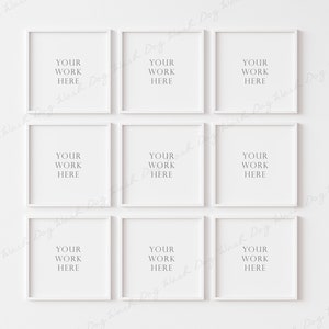May include: Nine white square picture frames with a white background. Each frame has the text "YOUR WORK HERE" inside.
