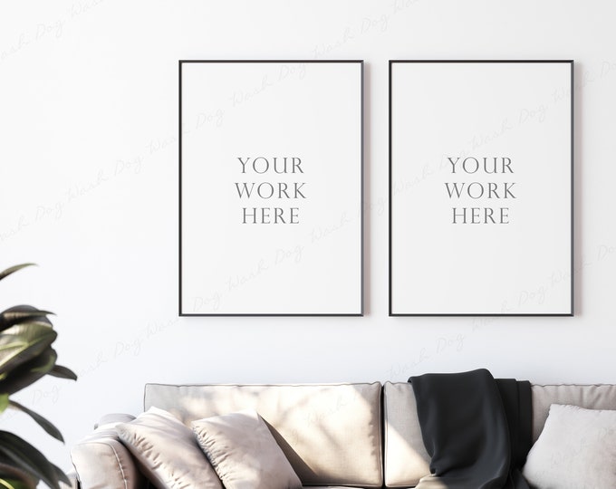 2 Vertical Frame Mockup, Two Frame Mockup, Living Room Frame Mockup, 5x7 Black Frame Mockup, Black Thin Frame, PSD Mockup, Interior Mockup